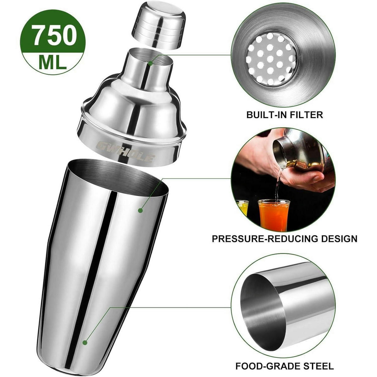 COCKTAILSHAKER Set Edelstahl 750ml mit Messbecher - Silberfarben, Metall (9/19/9cm)