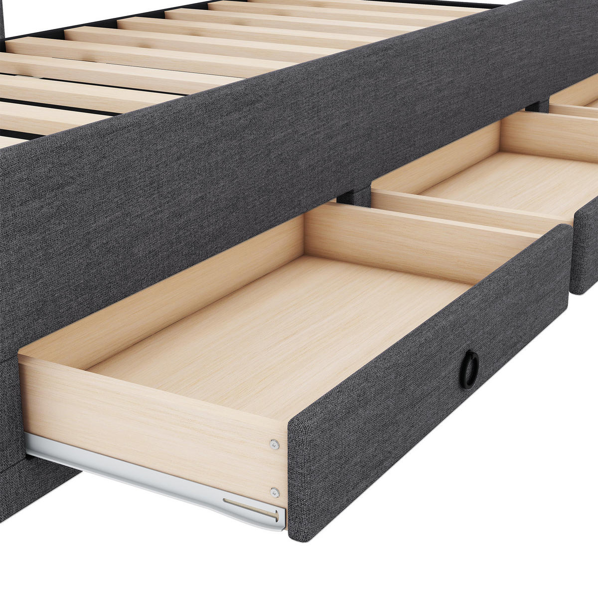 POLSTERBETT 90/200 cm grau mit ausziehbarem Rollbett und höhenverstellbarem Kopfteil - Grau, Textil (90/200cm) - OKWISH