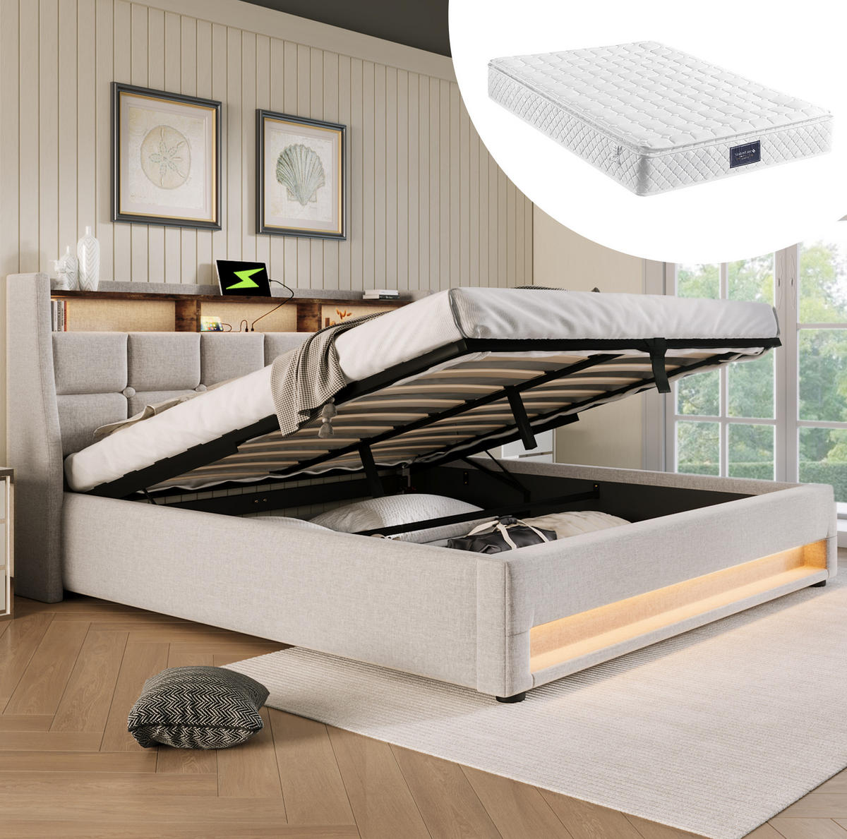 POLSTERBETT 140/200 cm Beige aus Leinen mit LED, USB und Bettkasten - Beige, Textil (140/200cm) - OKMYHOME