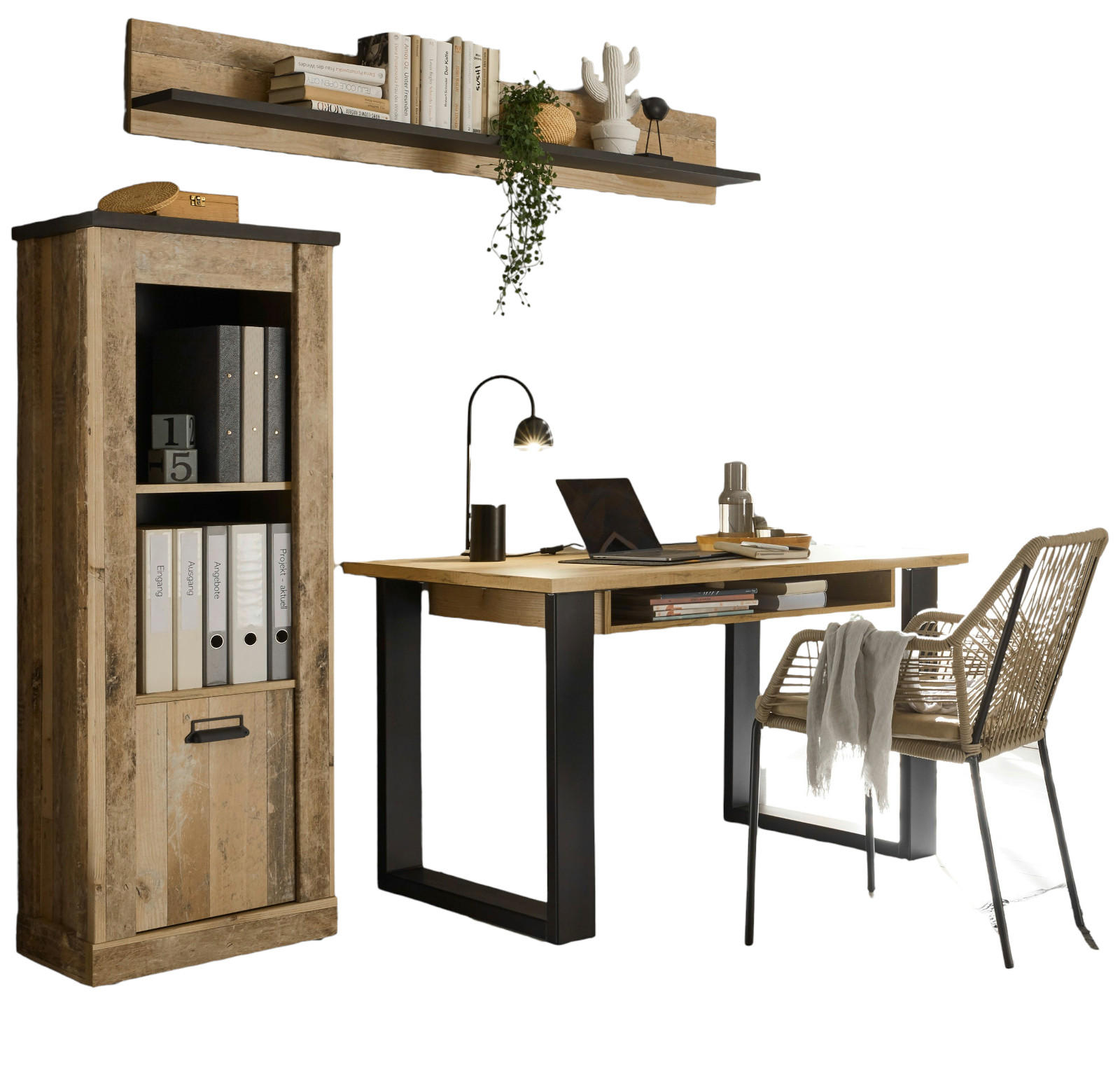 BÜROMÖBEL-SET Used Wood hell, anthrazit, mit Aktenregal Wandregal - Eichefarben/Anthrazit, Holzwerkstoff/Metall (60/190/200cm)