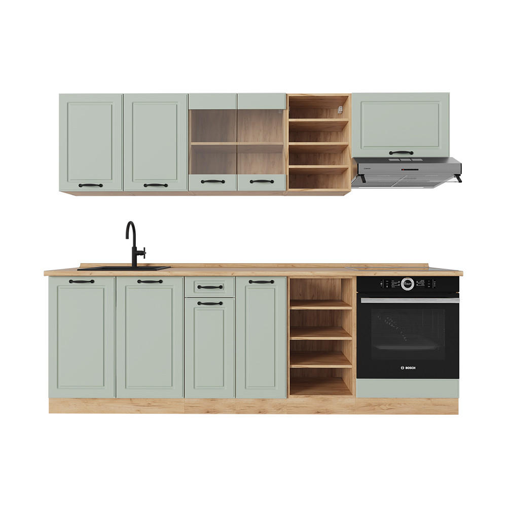 KÜCHENZEILE R-Line, Mint Landhaus/Goldkraft Eiche, 240 cm Arbeitsplatte Goldkraft Eiche - Honigeiche/Grün, Holzwerkstoff (240/206.8/60cm) - Vicco