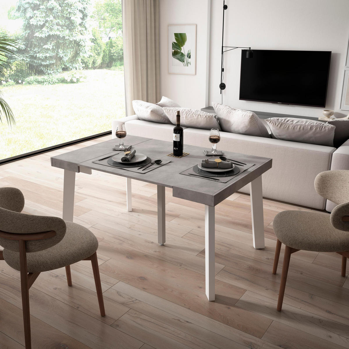 KONSOLENTISCH ausziehbar 58 bis 140cm, für 6 Gäste, zementgrau, 90/58/73cm - Grau, Holzwerkstoff (90/140/73cm) - Skraut Home