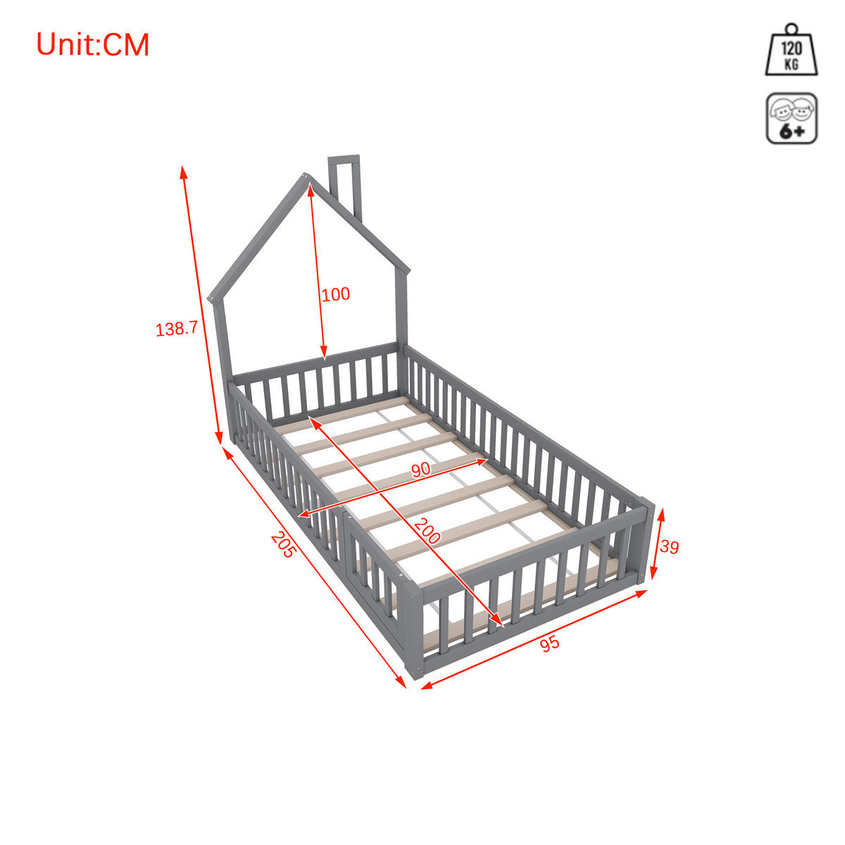 HAUSBETT 90x200cm Grau Kiefer Schornsteinform Minimalistisch - Grau, Holz (90/200cm) - FLIEKS