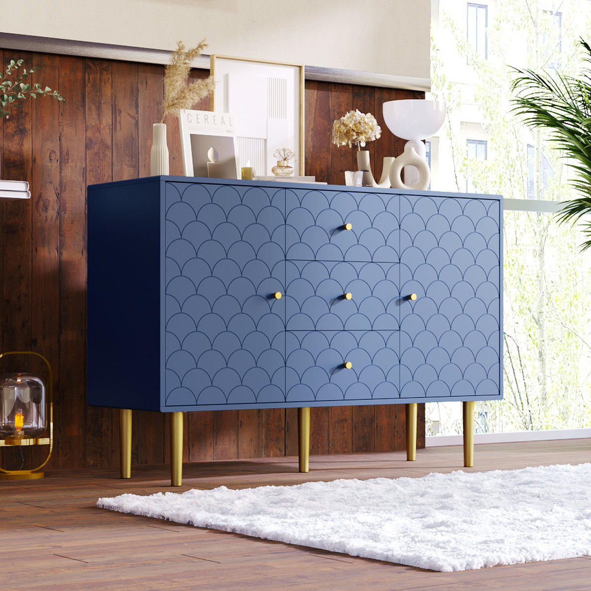 KOMMODE mit 2 Türen, 3 Schubladen und verstellbaren Einlegeböden, 120 x 40 x 83 cm, Dunkelblau, Holz und Metall - Dunkelblau, Holzwerkstoff (120/83/40cm) - SONNENH
