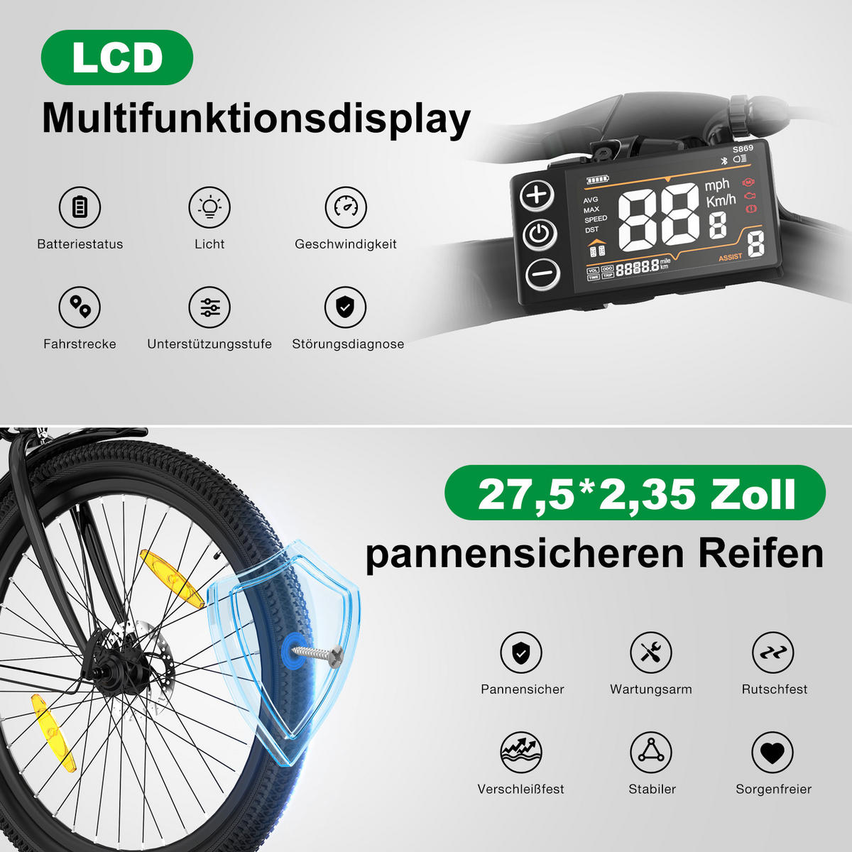 ELEKTROFAHRRAD BK8SL 27,5 Zoll mit LCD-Display ,maximale Reichweite 100 km - Schwarz, Metall (76cm) - COLORWAY