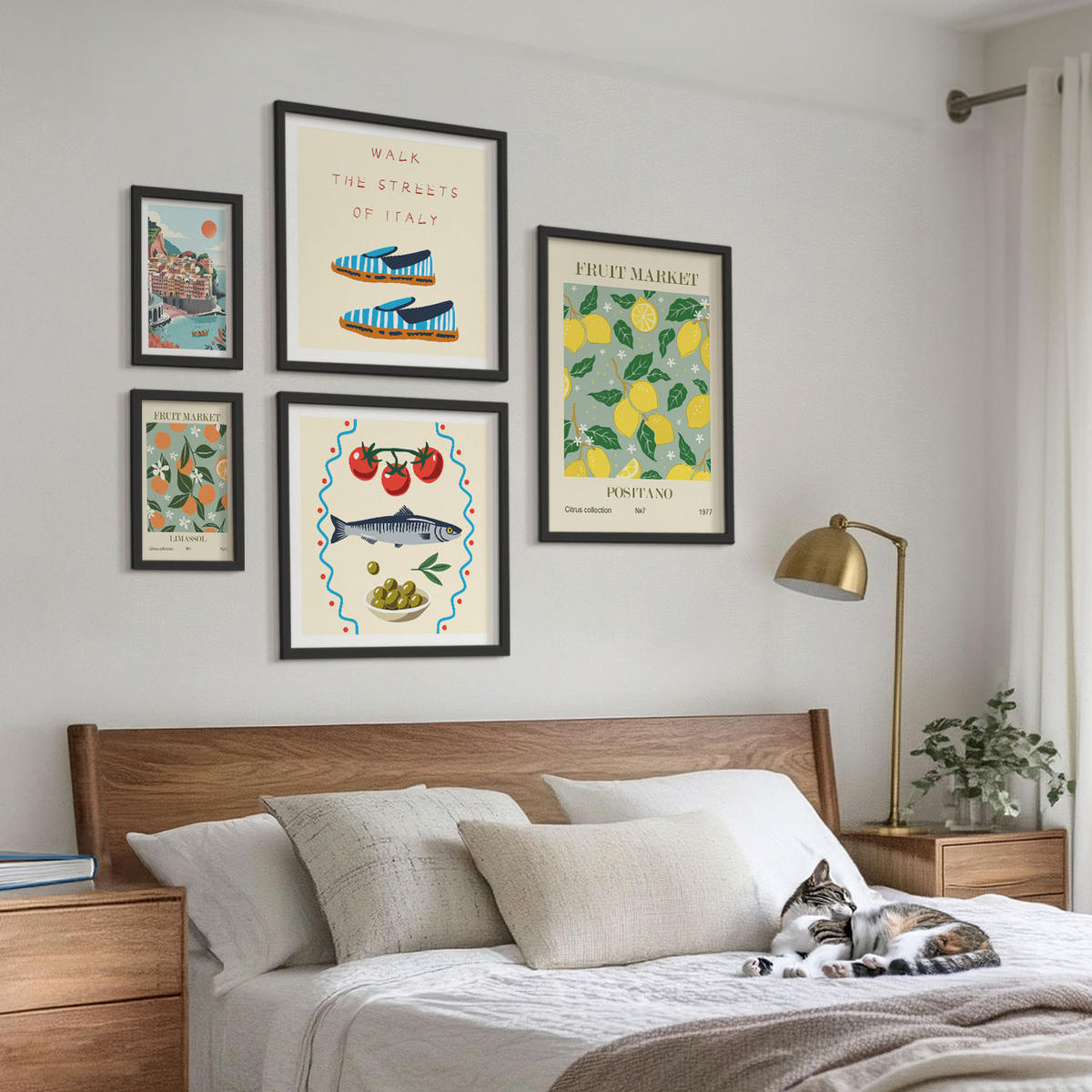 WANDBILDER 5er-Set - 50x50 cm & 20x30 cm & 40x60 cm Schwarzer Rahmen - Italienische Poster mit Fruchtmotiven - Schwarz, Kunststoff (40/60cm) - ArtPrintCave