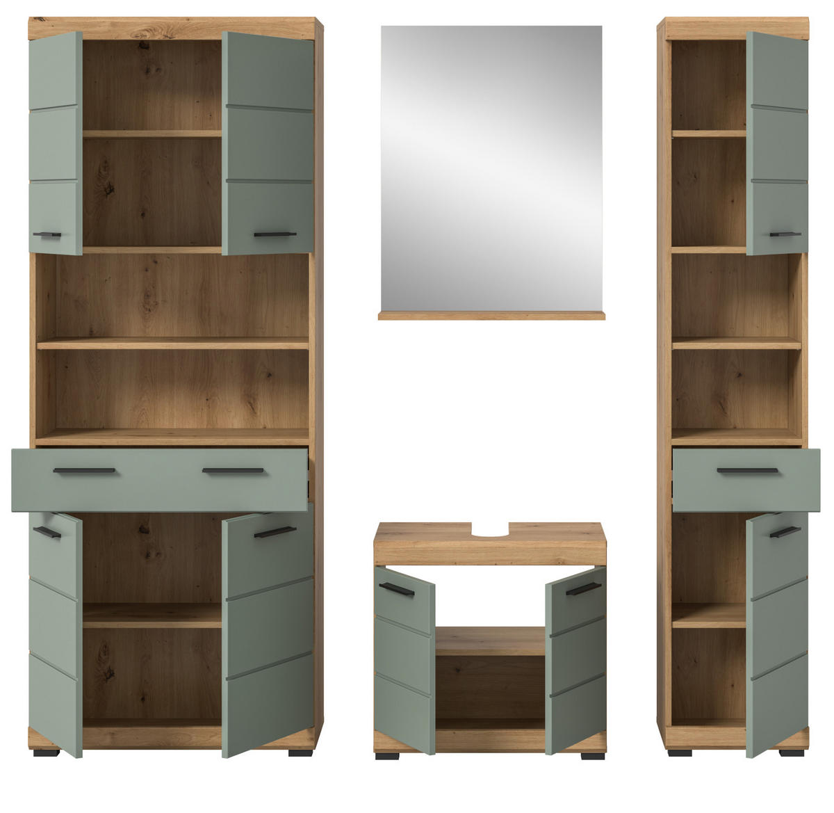BADMÖBEL-SET Salbei grün, Eiche Artisan 4-teilig 200 cm, Komplettset mit viel Stauraum - Salbeigrün/Schwarz, Glas/Holzwerkstoff (186/191/34cm) - Inn.Furn
