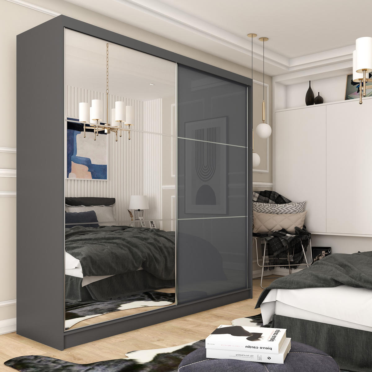 SCHWEBETÜRENSCHRANK VITALE 200/216/61 cm 2-türig mit Spiegel Grau - Grau, Holzwerkstoff (200/216/61cm) - MASSENO