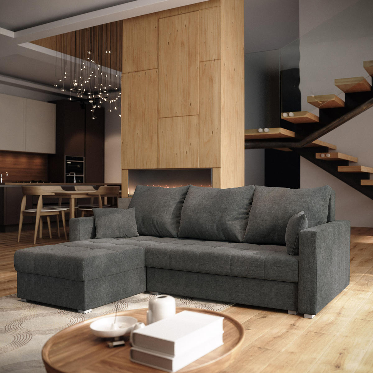 ECKSOFA NIDA Grau Geflochtener Stoff mit Schlaffunktion - Grau, Holz (220/143cm) - MASSENO