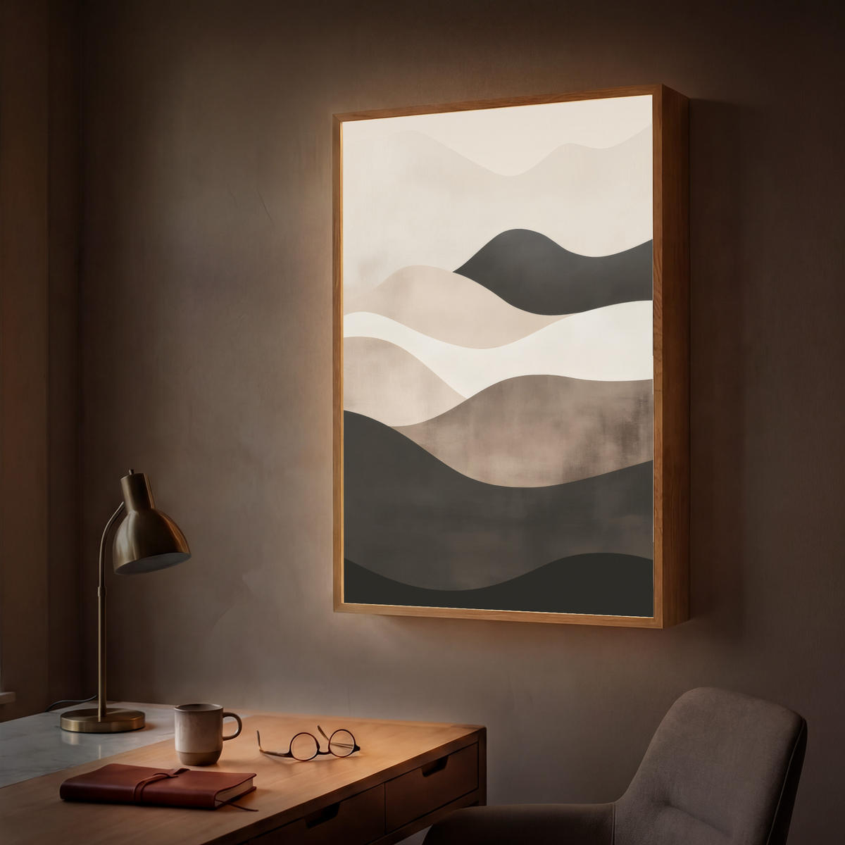 NÁSTĚNNÁ LAMPA S AKUMULÁTOREM Abstraktní - Krajina - Vlny - Krémová barva 70x100 cm - šedohnědá, kompozitní dřevo (70/100/8cm) - OnlyWow