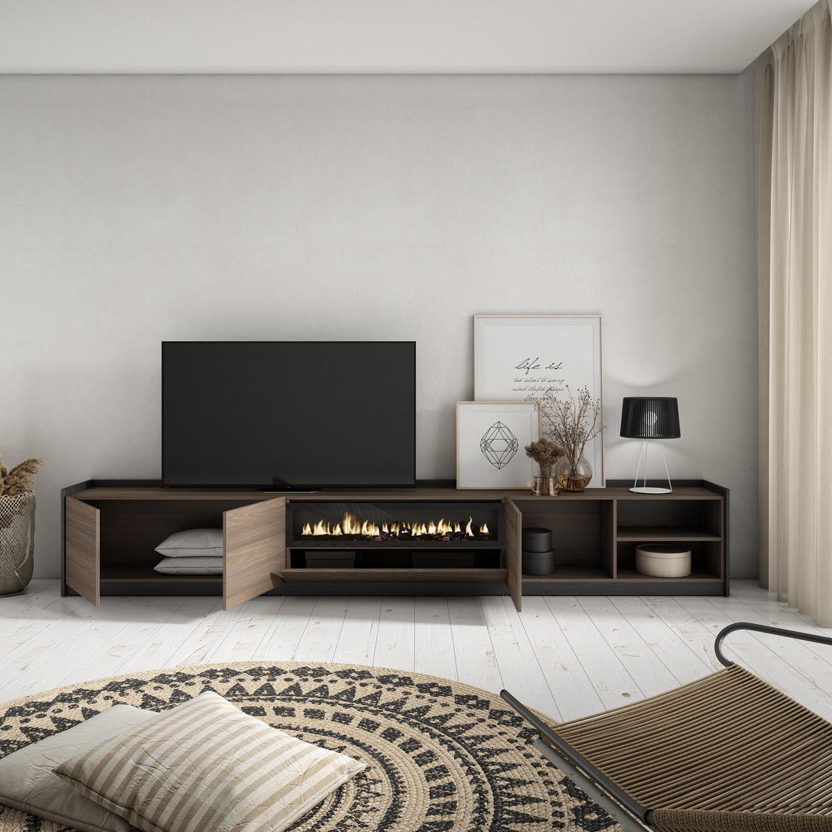 TV-SCHRANK, Dunkler Eiche und Schwarz, Elektrokamin, 310/37/50cm - Dunkelbraun, Holzwerkstoff (310/50/37cm) - Skraut Home