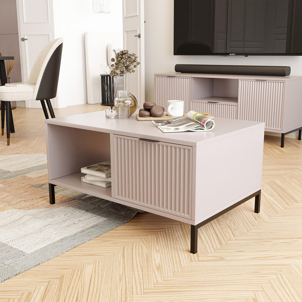 COUCHTISCH WAVE Modern mit Schublade, Beige - Kaschmir/Schwarz, Holzwerkstoff/Metall (58/90/45.5cm) - Idohome