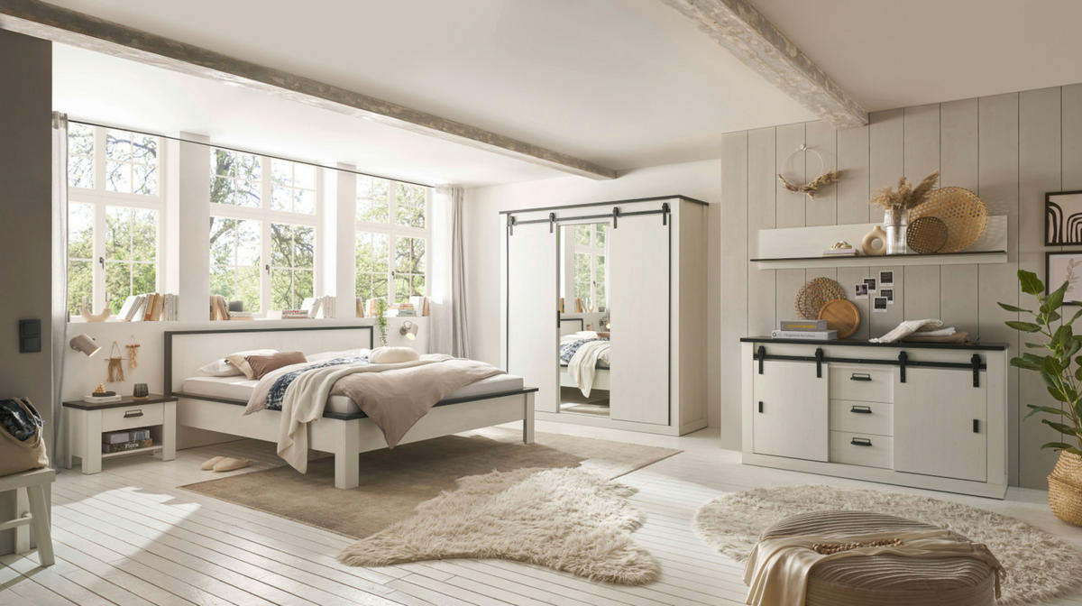 BETT weiß Pinie, anthrazit Landhaus, Doppelbett Liegefläche 180 x 200 cm - Anthrazit/Weiß, Holzwerkstoff (180/200cm) - Furn.Design