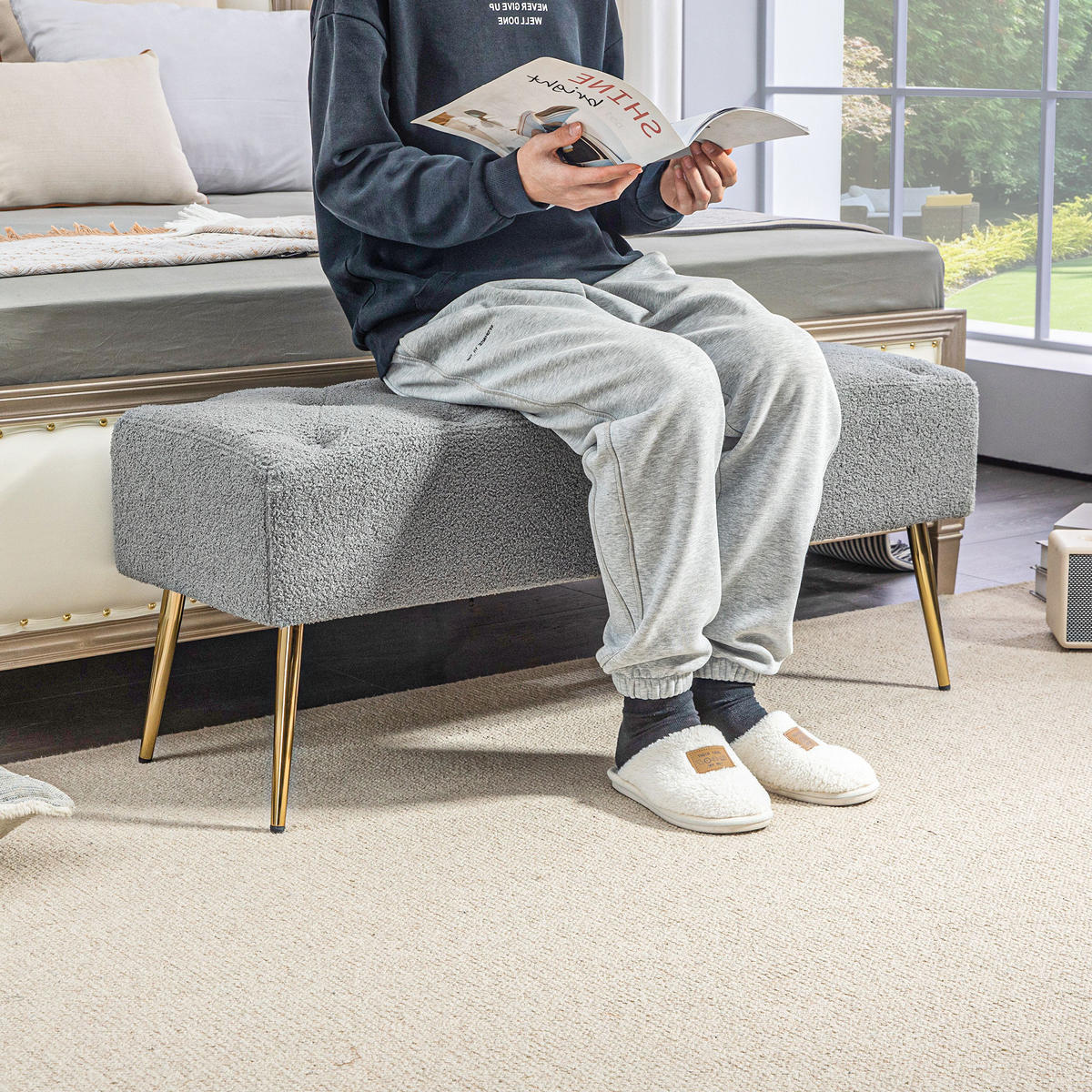 SITZBANK Polsterbank mit Lammwolle-Optik, Knopfheftung für Schlafzimmer, Grau - Grau, Kunststoff (41/46/112cm) - HOMCOM