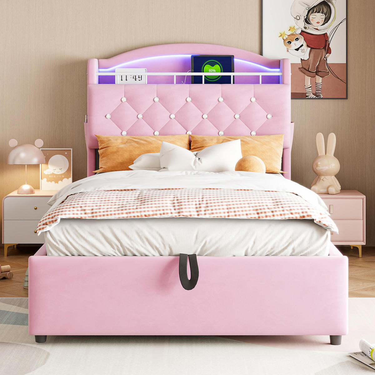 SAMT-POLSTERBETT 90/200 cm mit Bettkasten, LED und USB in Rosa - Pink, Textil (90/200cm) - BEAOK
