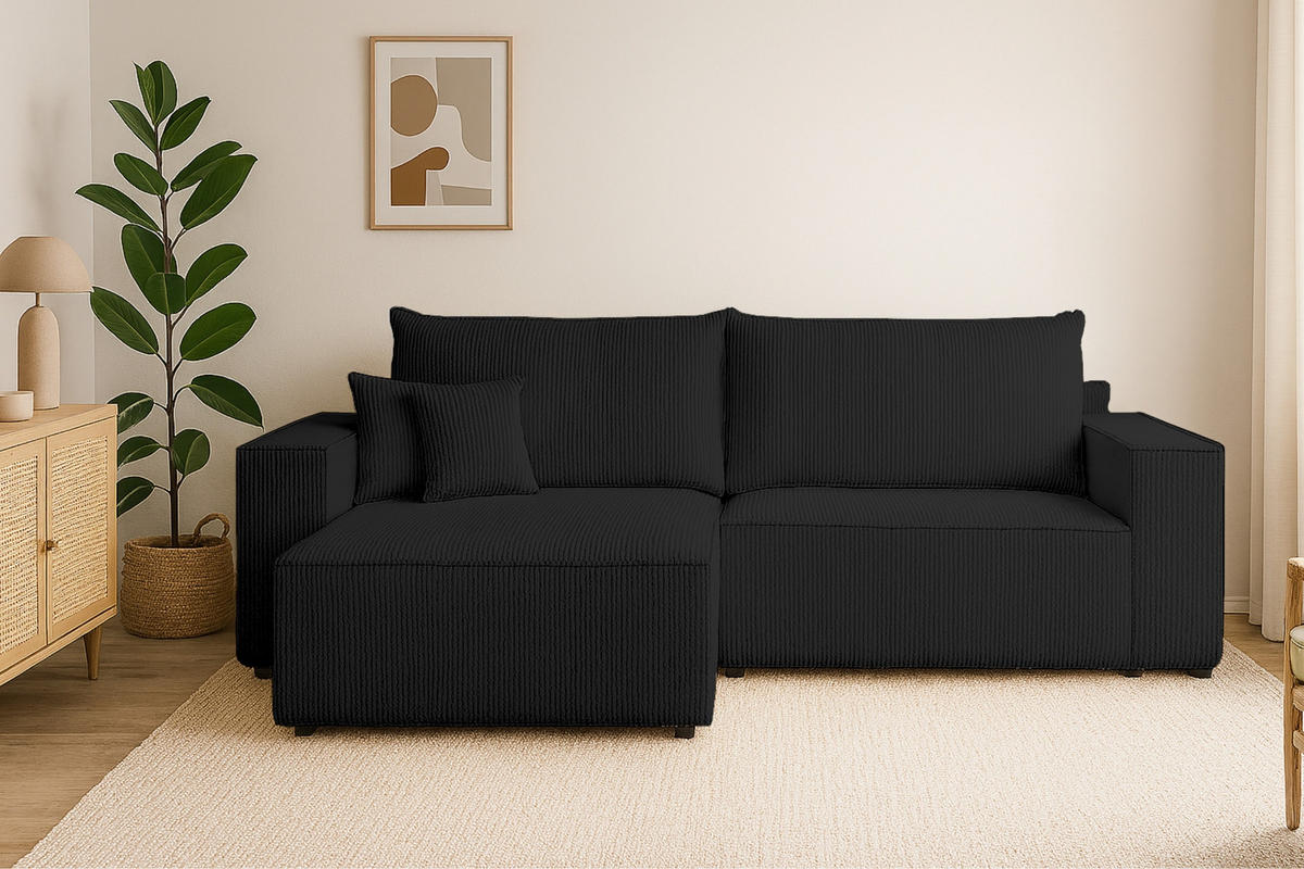 ECKSOFA MATT 255/153 cm links in Cord Schwarz - Schwarz, Holz/Holzwerkstoff (255/153cm) - Deine Möbel 24