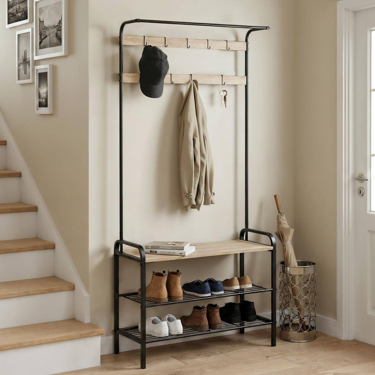 GARDEROBENSTÄNDER Alberta, inklusive Kippschutz, 85,5 x 36 x 184 cm, Industrial Holz hell, Eiche Sonoma - Naturfarben, Textil (36/184/85.5cm) - tectake