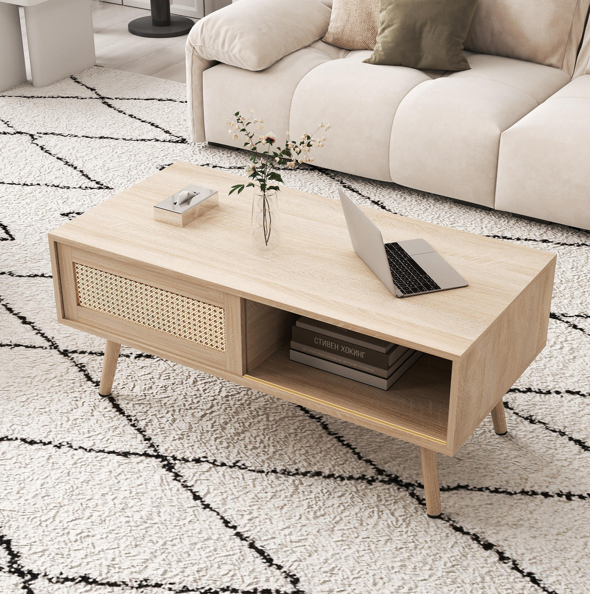 COUCHTISCH aus MDF 105x55x41 cm in Naturholz mit Rattan-Schiebetür und Massivholzbeinen - Naturfarben, Holzwerkstoff (105/55/41.5cm) - IVMEU