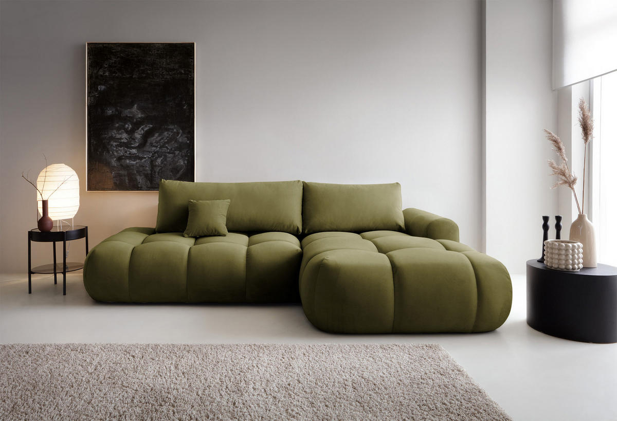 ECKSOFA Ombo Olivgrün Velours 280 cm - Schwarz/Olivgrün, Kunststoff/Textil (284/167cm) - Selsey