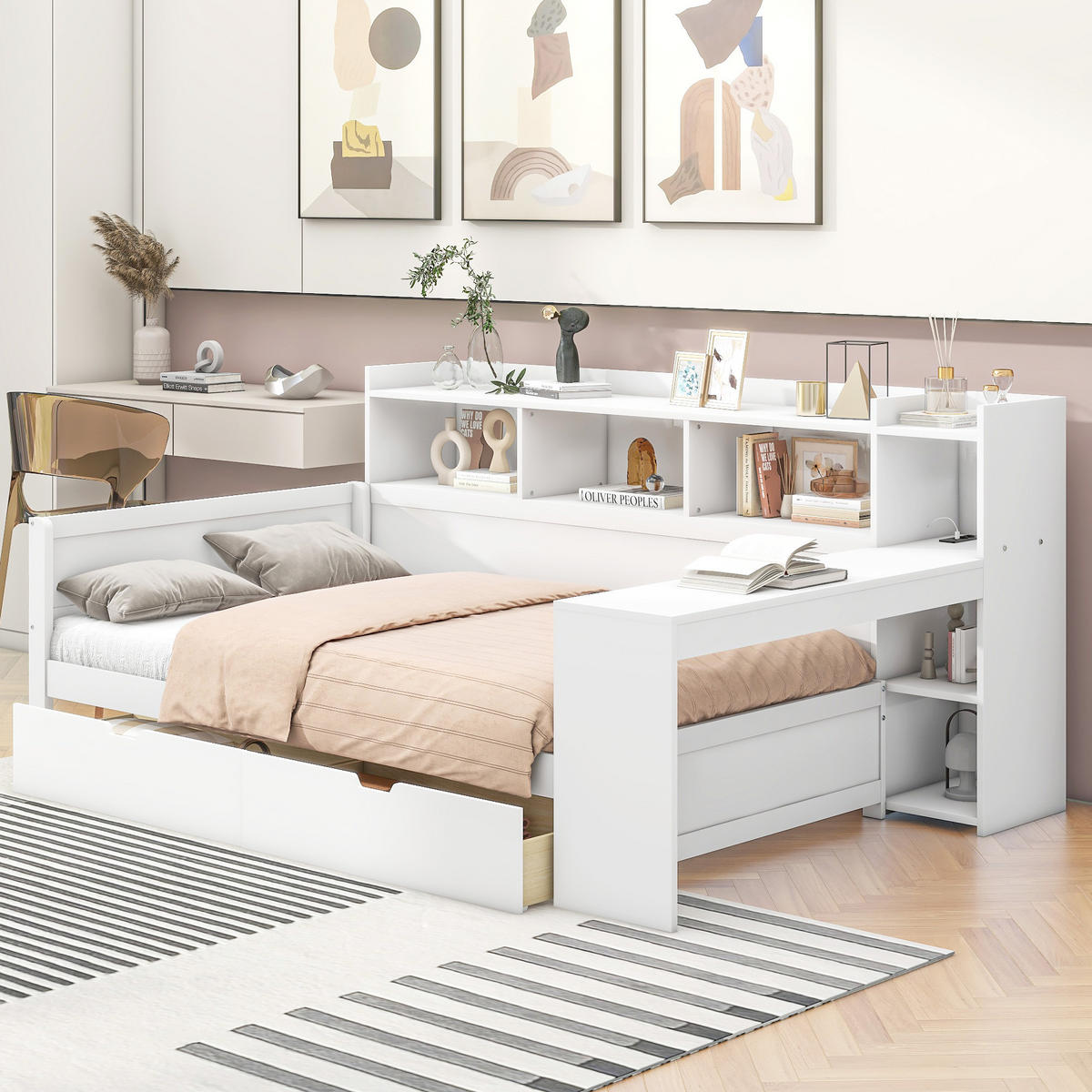 BETT 90/200 cm mit Nachttischablage und USB-Anschluss in Weiß - Weiß, Holzwerkstoff (90/200cm) - OKWISH