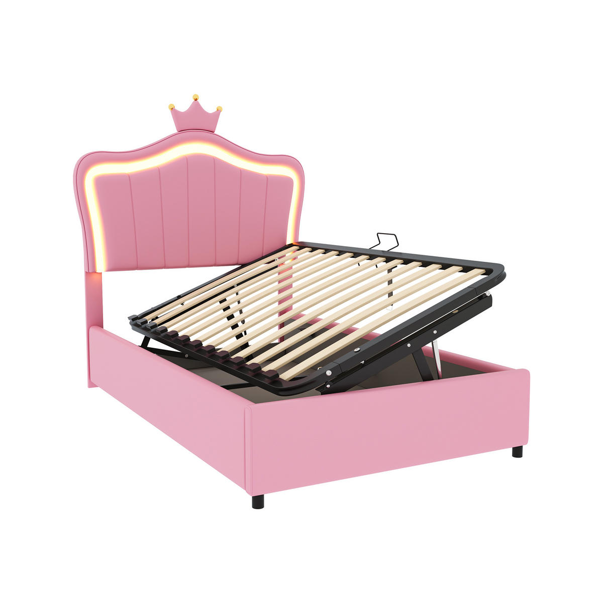 POLSTERBETT 90/200 cm rosa mit Kronendesign und LED-Beleuchtung - Pink, Textil (90/200cm) - OKWISH