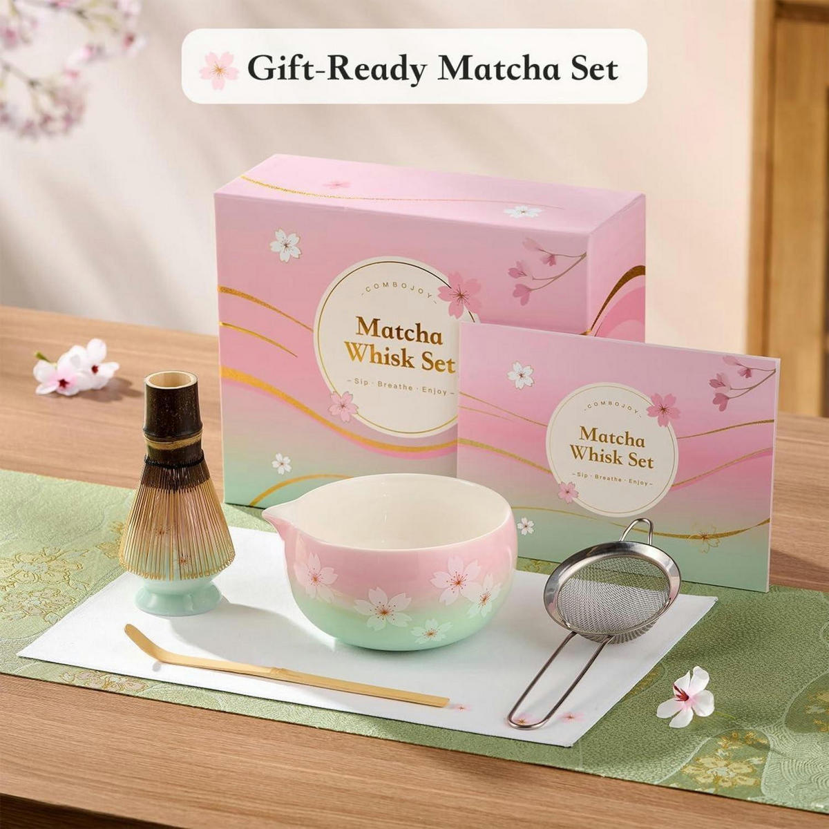 MATCHA Set 6-teiliges Set Keramikschale Bambusbesen Sieb Löffel Geschenk Sakura - Multicolor, Keramik (15/10/15cm)