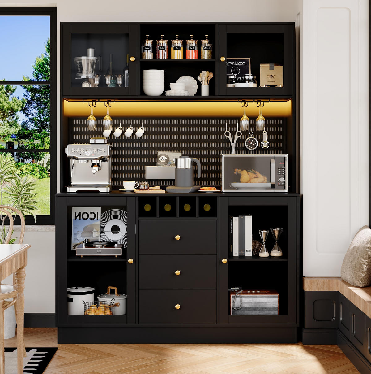 BUFFET 140/40/185,7 cm aus MDF und Glas mit LED-Beleuchtung Schwarz - Schwarz, Holzwerkstoff (140/185.7/40cm) - Modenvie