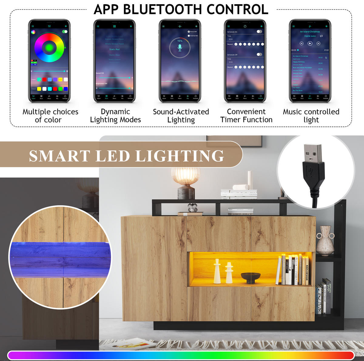 SIDEBOARD mit RGB-LED und Bluetooth, Holzoptik MDF, matte Oberfläche und schwarzem Metallrahmen, 140/44/93,5 cm,Naturfarben - Naturfarben, Holzwerkstoff (140/93.5/44cm) - Redom