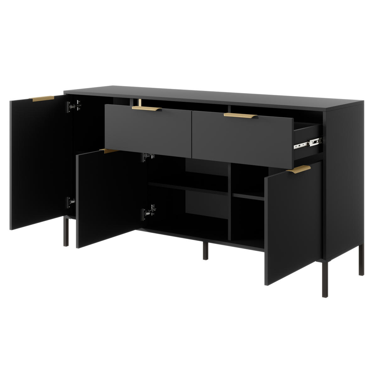 SIDEBOARD Catanian 3T 2S Grau 153,1/81,4/39,5 cm – mit goldenen Griffen und schwarzen Beinen - Schwarz/Grau, Holzwerkstoff/Metall (153/81.4/39.5cm) - AX Living