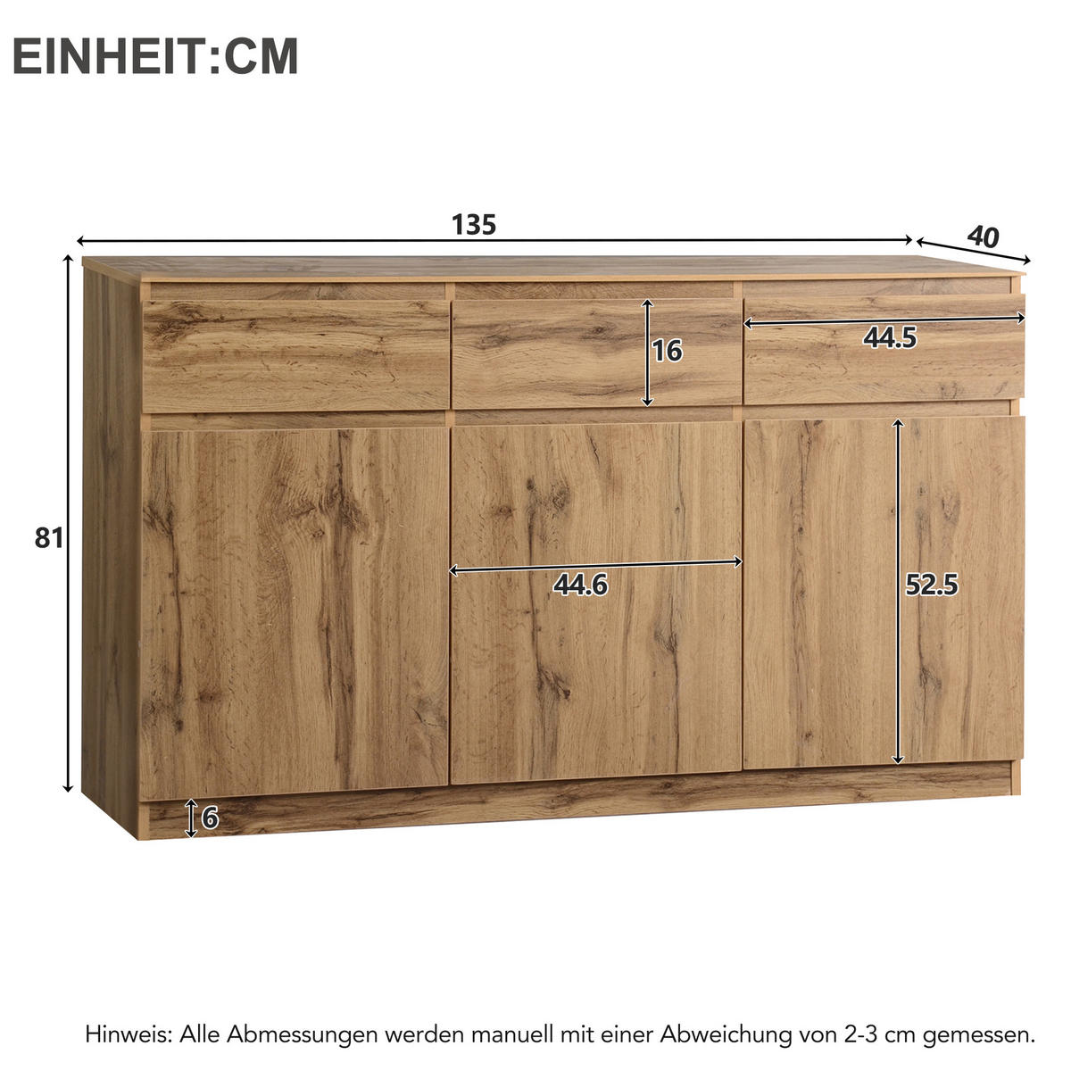 SIDEBOARD in Naturfarben Anrichte mit 3 Türen und 3 Schubladen für Wohnzimmer, B135/T40/H81cm - Naturfarben, Holzwerkstoff (135/81/40cm) - STILVORA