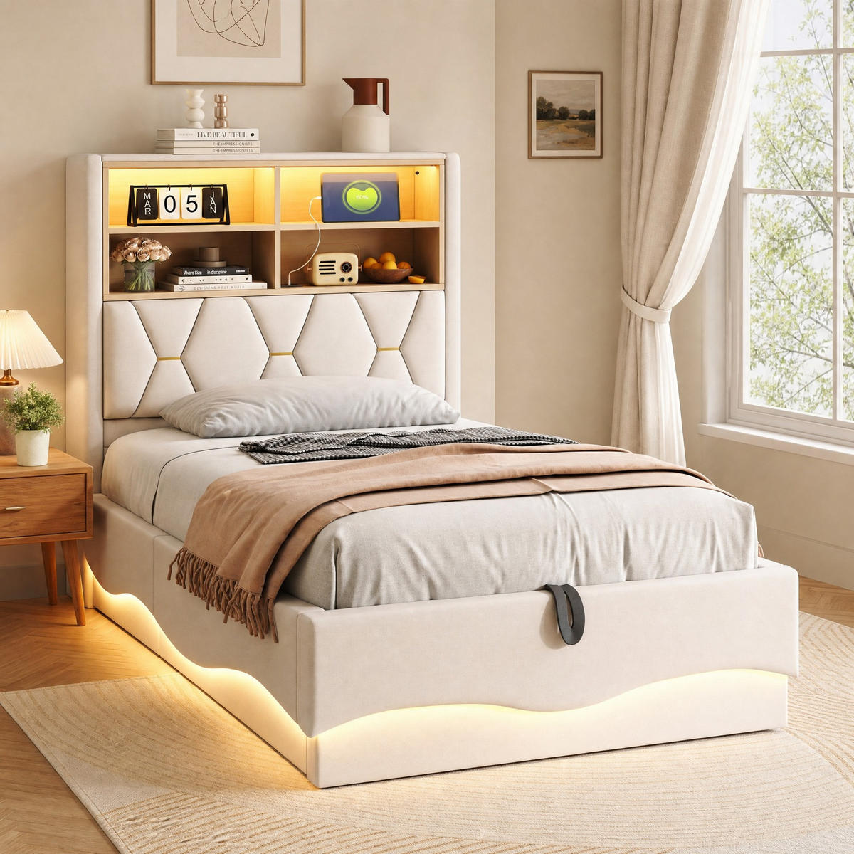 POLSTERBETT 90/200 mit Bettkasten, LED-Lichtband und USB-Anschluss in Beige - Beige, Holzwerkstoff/Textil (90/200cm) - EVRYAE