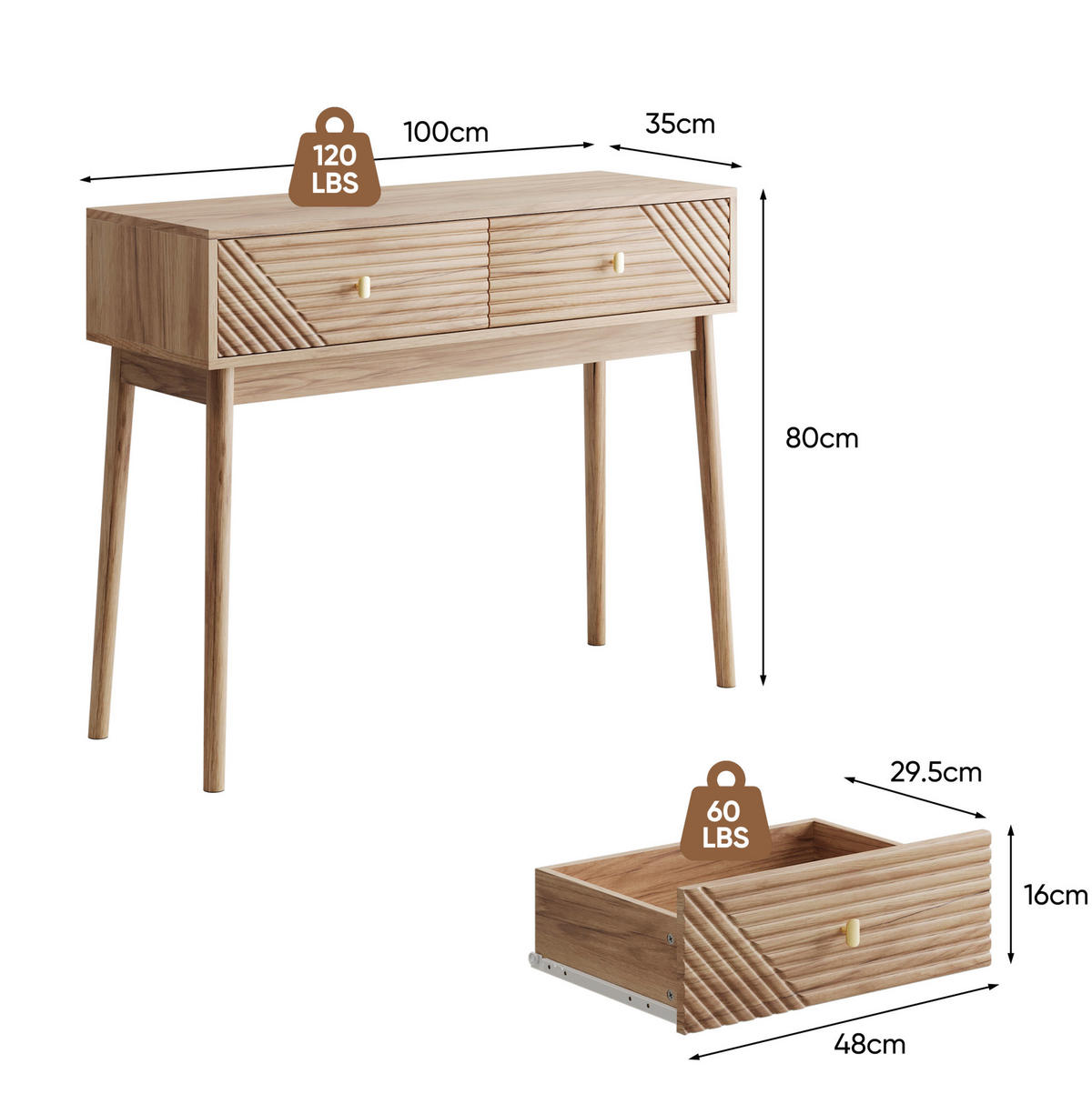 KONSOLENTISCH mit 2 Schubladen MDF Oak - Eichefarben, Holz (100/35/80cm) - Meubliv