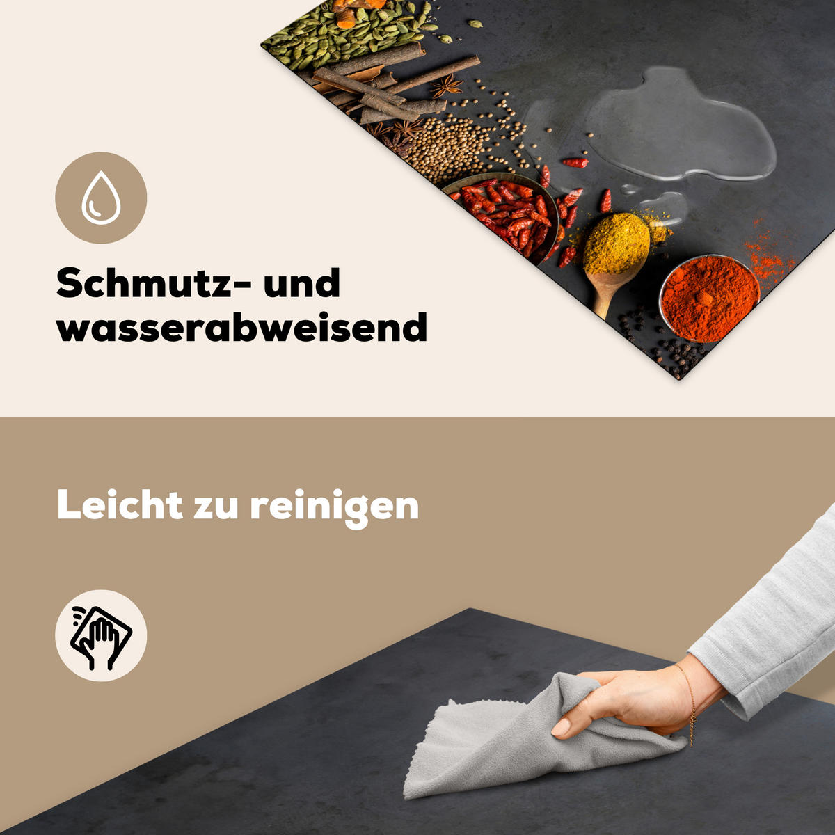 HERDABDECKPLATTE Kräuter - Lebensmittel - Gewürze - Schwarz - Paprika - Zimt Induktionsmatte 77x59 cm - Currygelb, Kunststoff (77/59/0.2cm) - MuchoWow