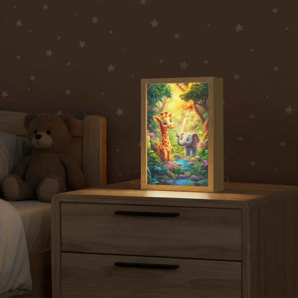 NACHTTISCHLAMPE Giraffe - Elefant - Blumen - Dschungel 20x30 cm - Grün, Holzwerkstoff (8/20/30cm)