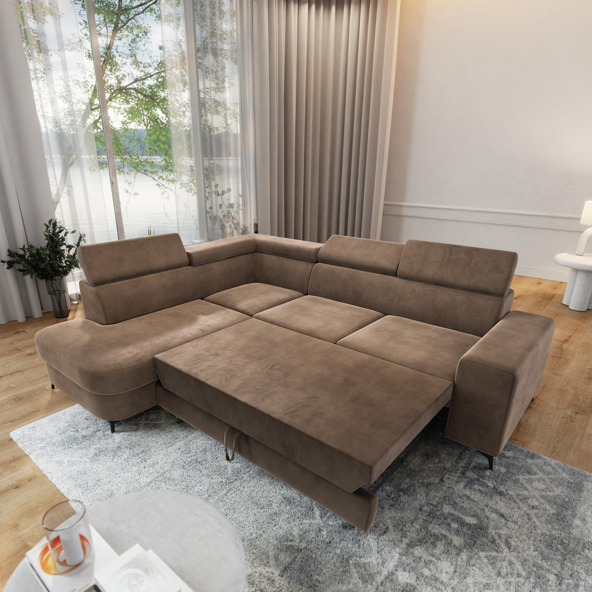 ECKSOFA ALVORO L-S Beige Velours-Stoff mit Schlaffunktion - Beige, Holz (253/190cm) - MASSENO