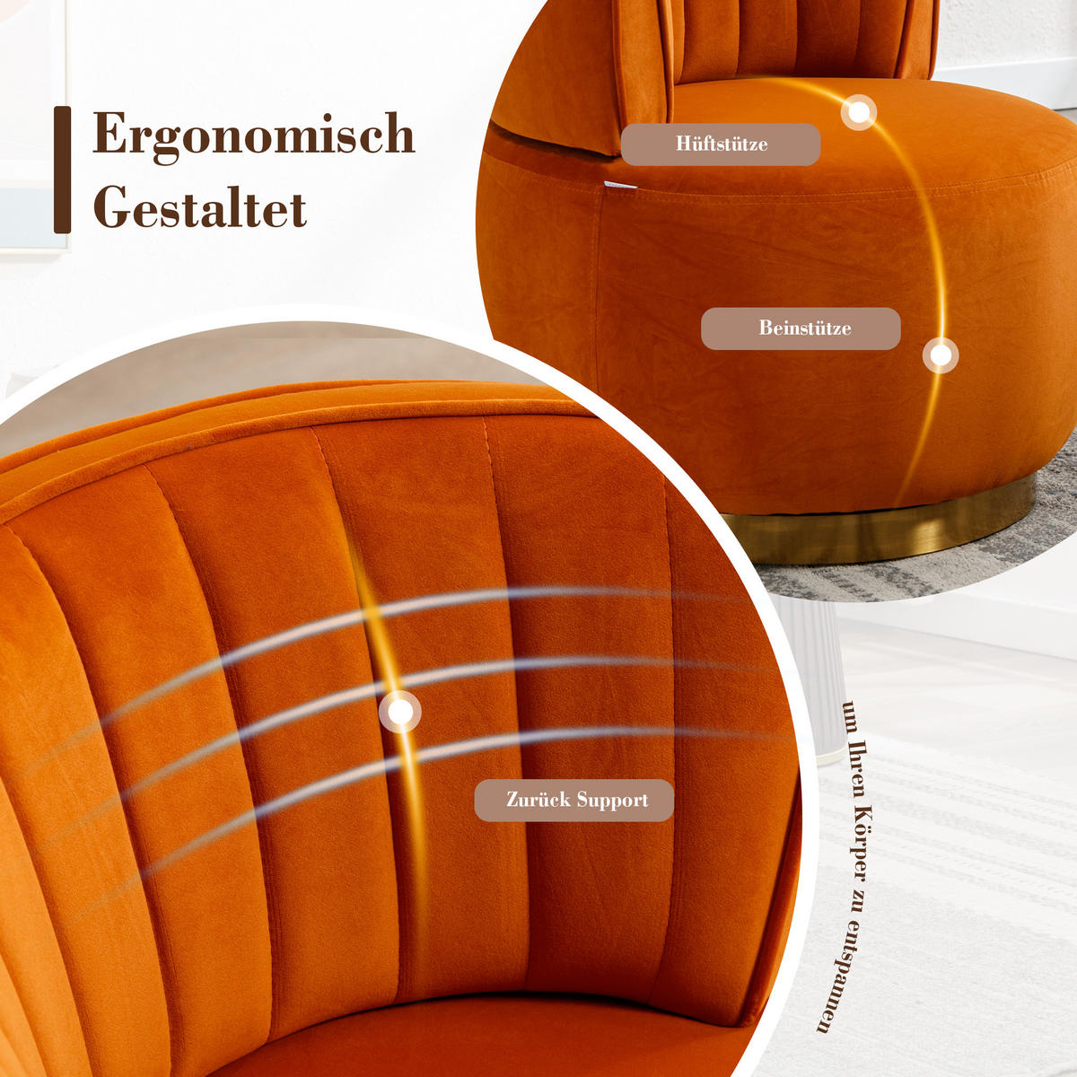 STUHL, Samt, 360° drehbar, 62,5/62/69,5 cm, Orange - Orange, Textil (62/69.5/62.5cm) - Redom
