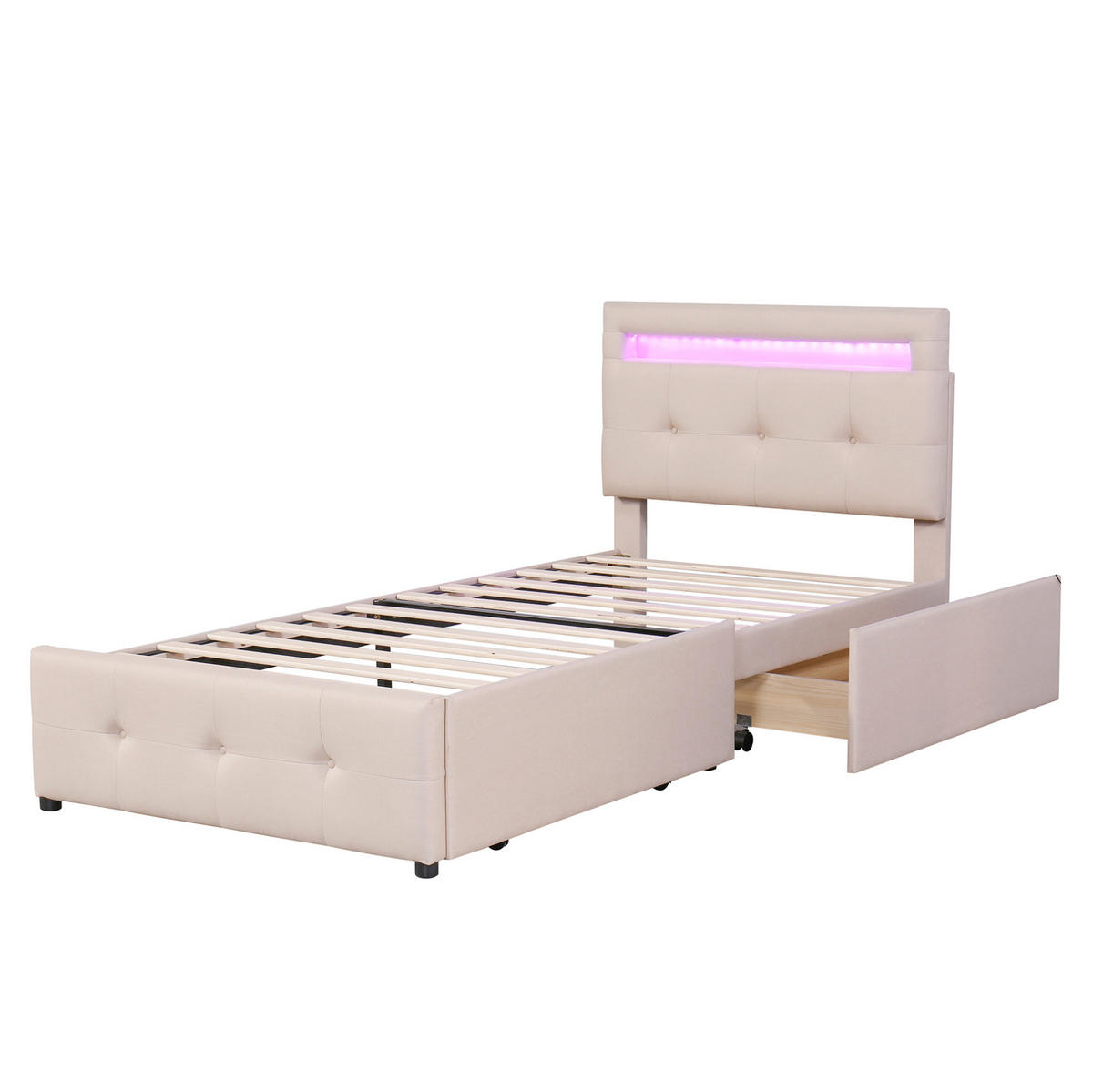 POLSTERBETT 90/200 cm Beige mit LED-Beleuchtung und 2 Schubladen - Beige, Holzwerkstoff (90/200cm) - Flora Grace