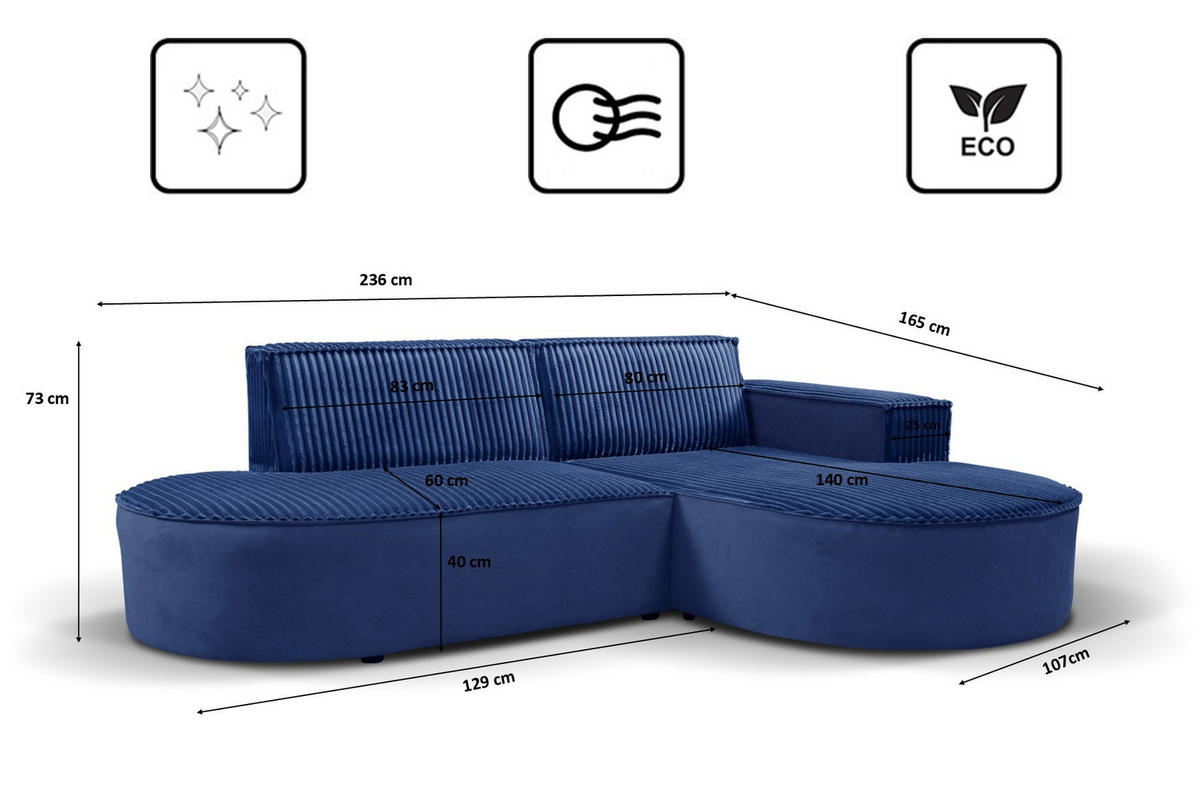 ECKSOFA L-förmiges Modena Soft Dunkelblau Rechts - Dunkelblau, Holz (236/165cm) - Kaiser Möbel