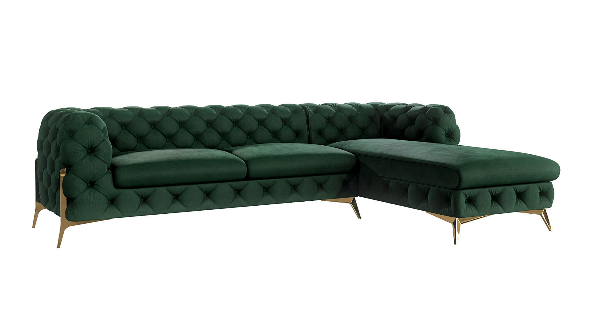 S-Style CHESTERFIELD ROHOVÁ SEDAČKA Lexi v lahvově zelené se zlatými nohami - otomán vpravo
