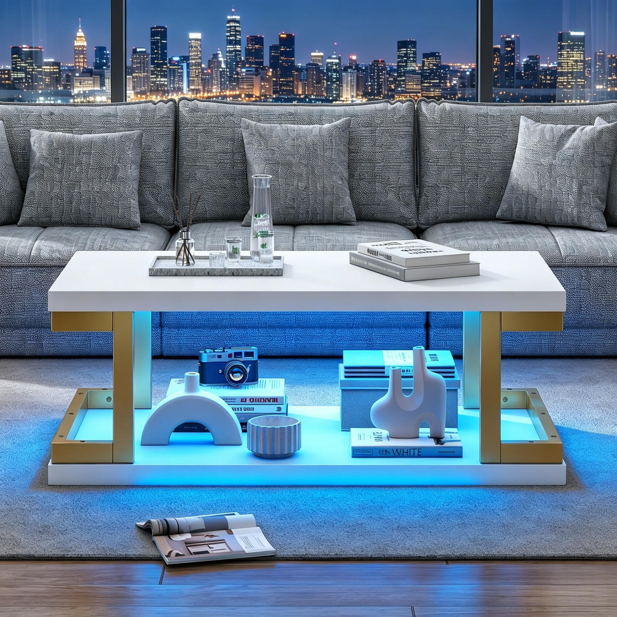 COUCHTISCH in Weiß und Gold mit LED-Beleuchtung für Wohnzimmer und Esszimmer, B100/T50/H37,5 cm - Goldfarben/Weiß, Holzwerkstoff/Metall (50/100/37.5cm) - STILVORA