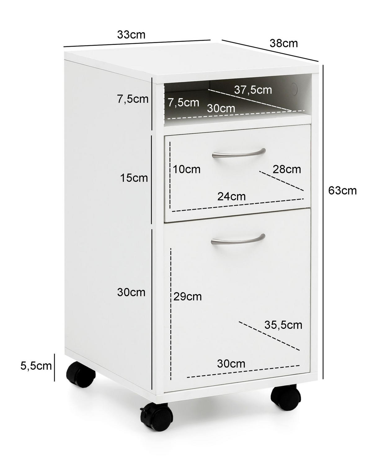 ROLLCONTAINER – Weiß, Schreibtischcontainer, viel Stauraum, Rollen, modern - Schwarz/Weiß, Holz/Kunststoff (33/63/38cm) - KADIMA DESIGN