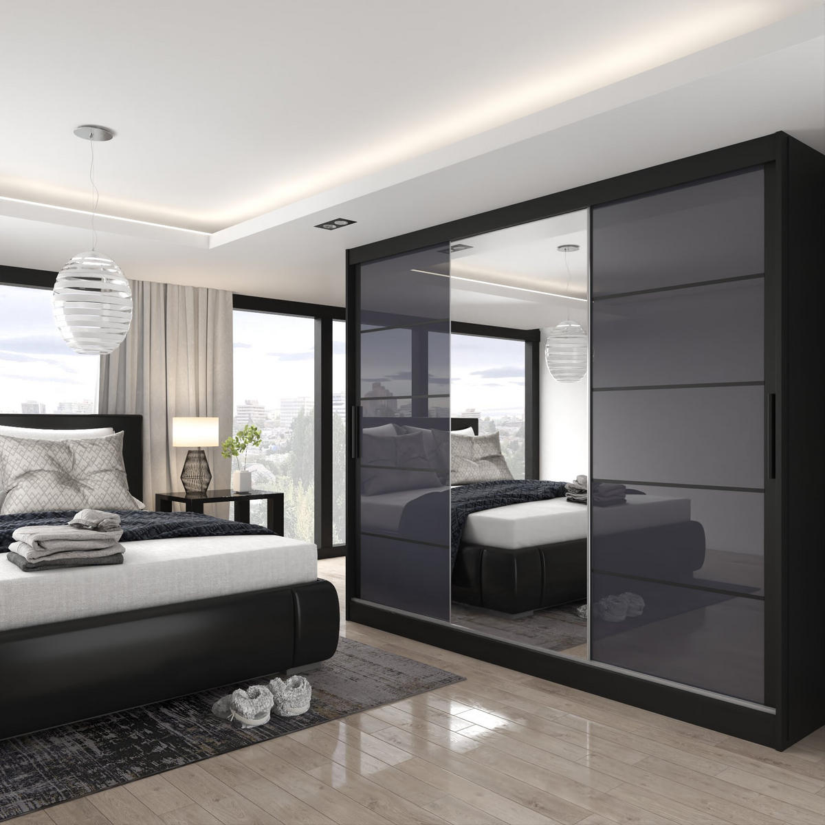 SCHWEBETÜRENSCHRANK Verona MGB, Schwarz/Grau Hochglanz, 232 cm, mit Spiegel - Grau, Holz (232/216/60cm) - B BELINI GROUP