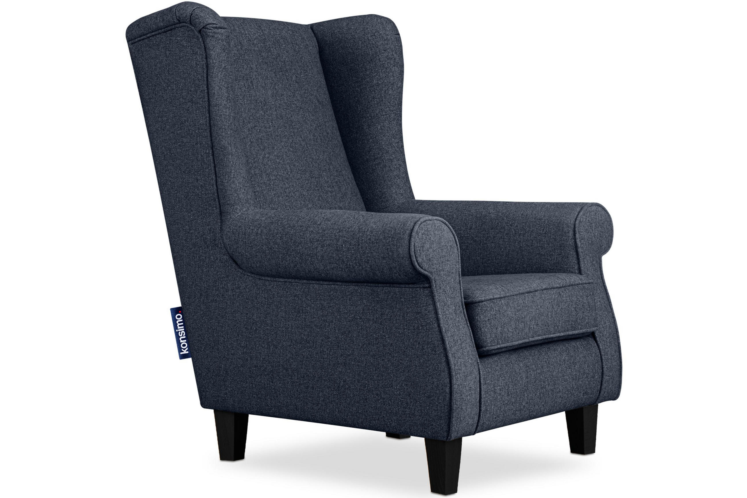 OHRENSESSEL MILES Massivholzbeine schwarz, dunkelblau - Dunkelblau, Holzwerkstoff/Buchenholz (82/105/97cm) - KONSIMO®