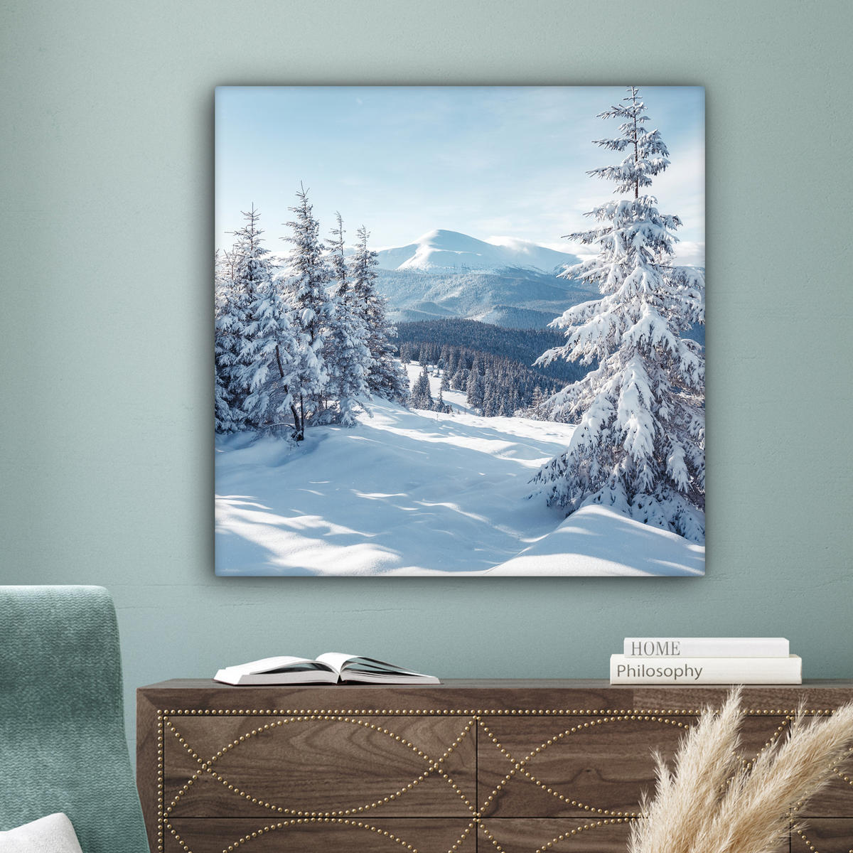 LEINWANDBILD Winterlandschaft - Natur - Berge - Bäume - Schnee Deko Groß 90x90 cm - Hellblau, Textil (90/90cm) - MuchoWow