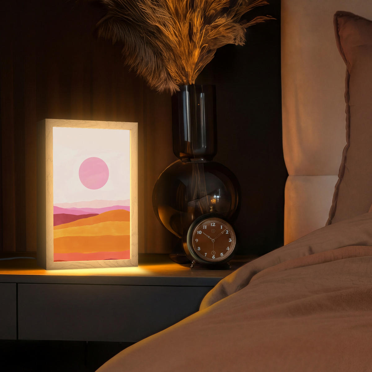 STOLNÍ LAMPA Kopce - oranžová - slunce - abstraktní 20x30 cm - chromová, kompozitní dřevo (8/20/30cm) - OnlyWow