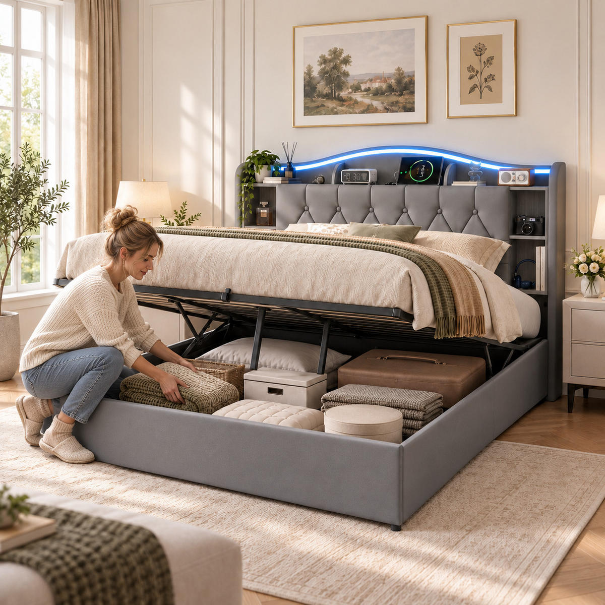 POLSTERBETT 140/190 cm mit Stauraum-Bettkasten, Ablagekopfteil mit Seitenfächern, mehrfarbigem LED-Licht & USB-Anschluss, grauer Stoffbezug - Grau, Holz/Metall (140/190cm) - Joyfair