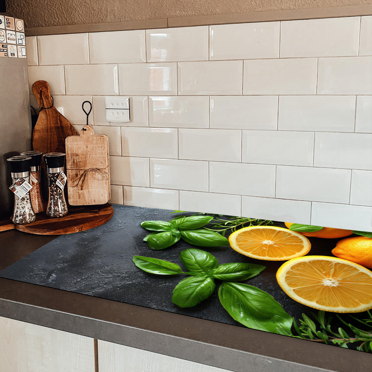 HERDABDECKPLATTE Obst - Grau - Konkret - Orange - Pflanzen Induktionsschutz 91.2x52 cm - Anthrazit, Kunststoff (91.2/52/0.2cm) - MuchoWow