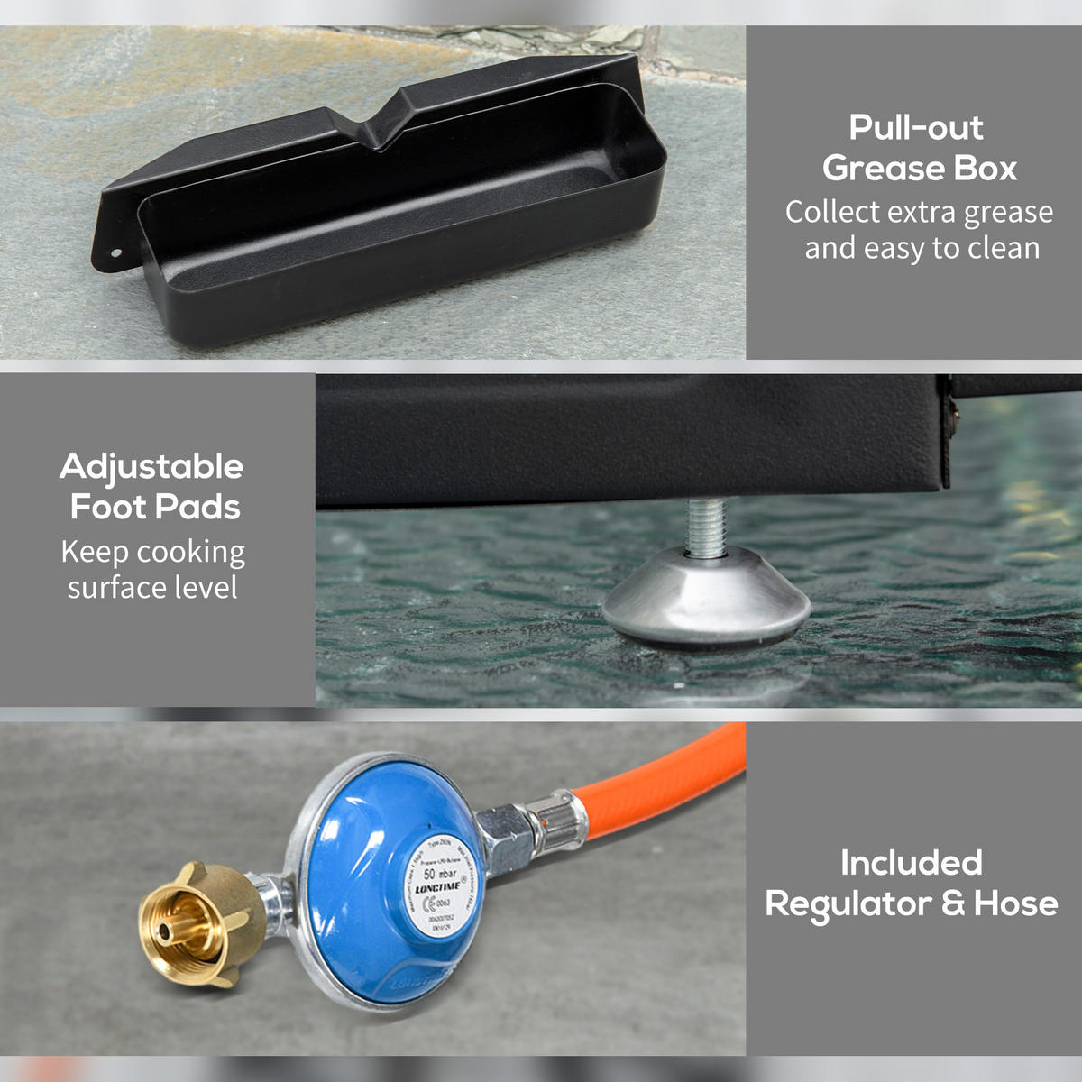 GASGRILL BBQ mit 3 Brennern, Edelstahl, Metall, Schwarz, 63 x 47 x 25 cm - Schwarz, Metall (47/25/63cm) - Outsunny