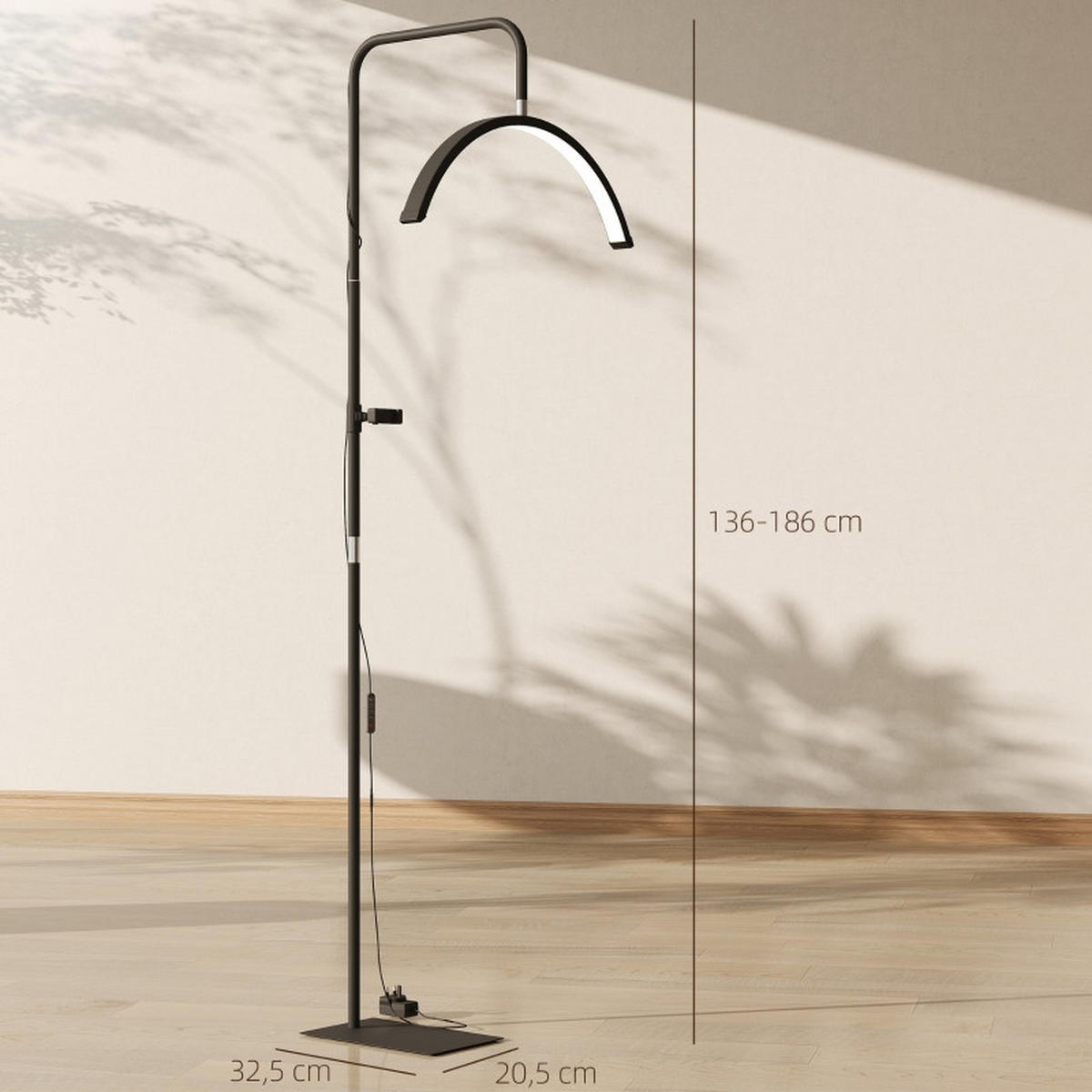 STEHLEUCHTE LED-Wimpernlampe 136-186cm Dimmbar Halbmond-Kosmetiklampe mit Handyhalterung - Schwarz, Metall (77.5/20.5/186cm) - Raelunyi