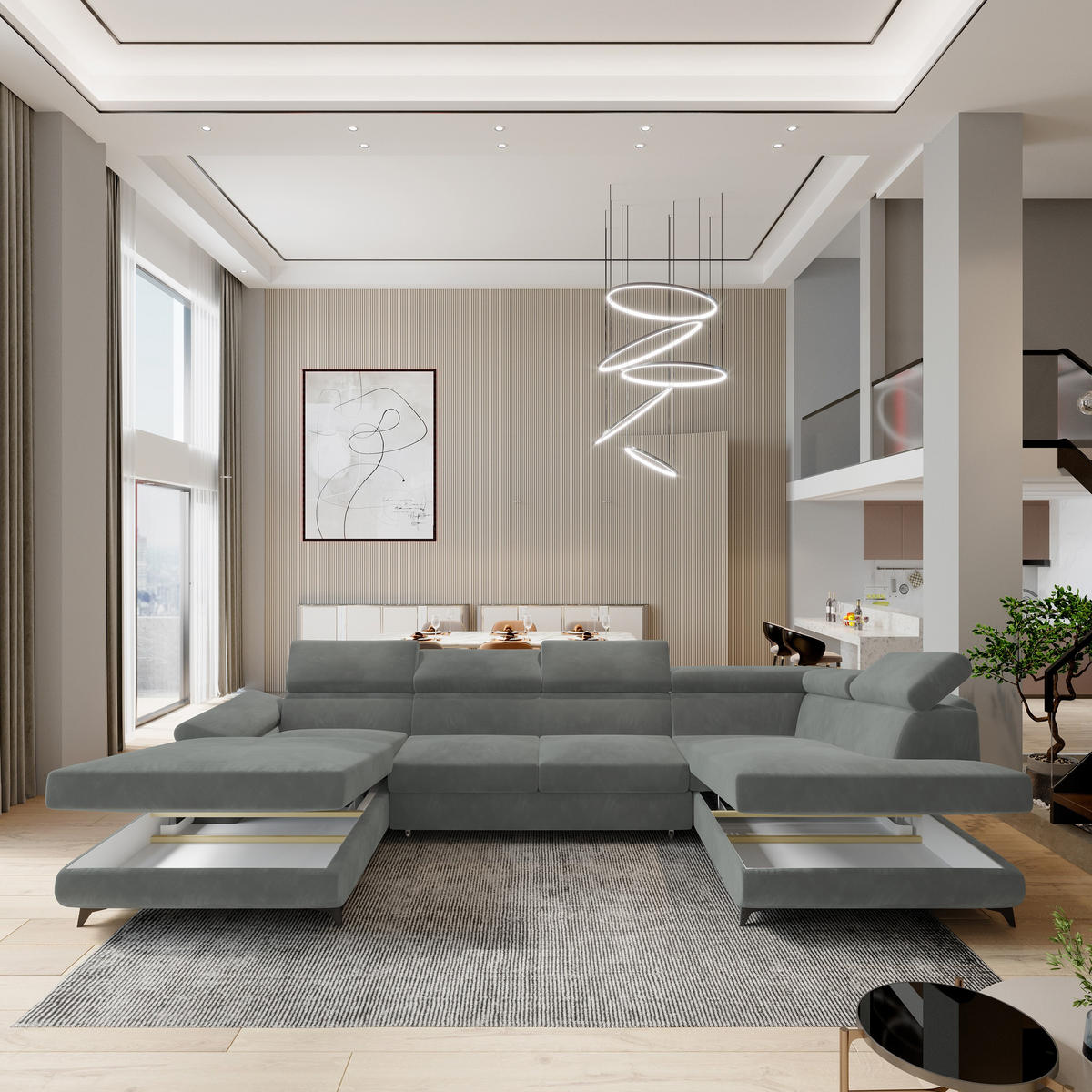 WOHNLANDSCHAFT RUBANO R-S Grau Velours-Stoff mit Schlaffunktion - Grau, Holz (339/89/190cm) - MASSENO